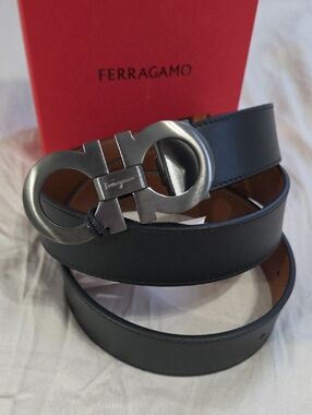 Salvatore Ferragamo Black Brown Belt with Dark Silver Double-Gancini Buckle
